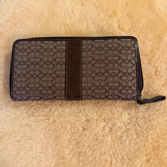 Coach Handbags - Coach Brown Signature Monogram Zip Wallet - Vintage
